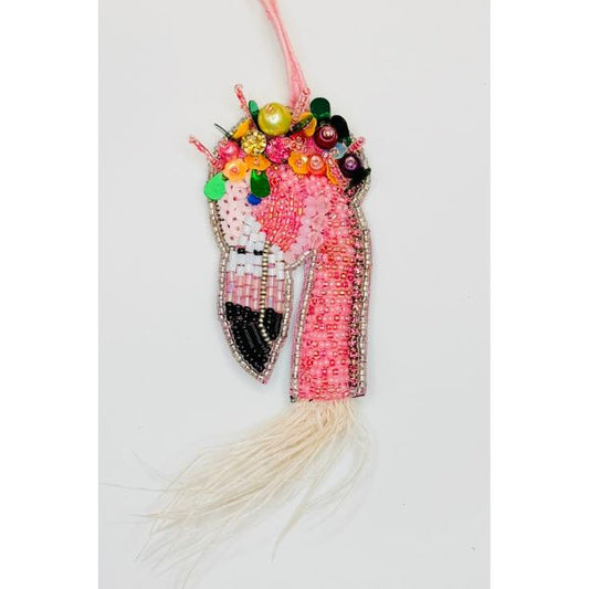 Beaded Ornament - Sparkled Hat Flamingo