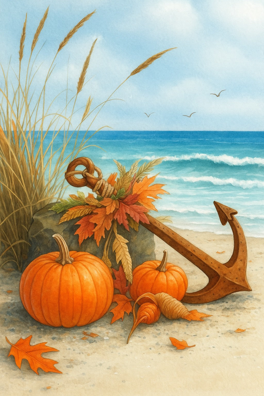 Pumpkins on Beach with Anchor Print