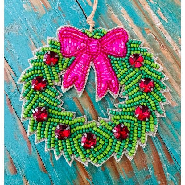 Beaded Ornament - Wreath with pink bow