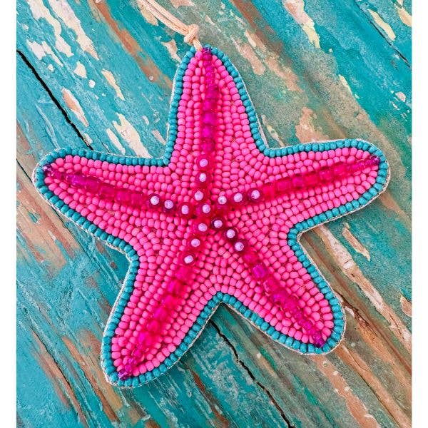 Beaded Ornament - Pink starfish with turquoise trim